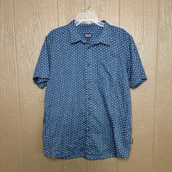 Patagonia Hemp Organic‎ Cotton Printed Shirt Mens Button Up Size XL Blue Print - Picture 1 of 6